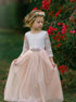 A Line Scoop Pink Lace Tulle Long Sleeves Open Back Flower Girl Dress LBQF0047
